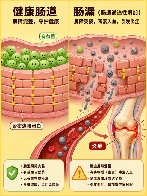 生动直观的科普风格。左侧图呈现一条健康的肠道：一堵整齐的砖墙（代表“紧密连接蛋白”），墙内是各种可爱的绿色圆形“有益菌”，墙外什么也没有流出来。右侧图呈现一条“肠漏”的肠道：砖墙出现破洞和裂痕，墙体松预览效果