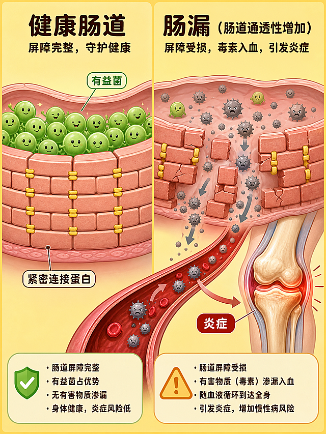 生动直观的科普风格。左侧图呈现一条健康的肠道：一堵整齐的砖墙（代表“紧密连接蛋白”），墙内是各种可爱的绿色圆形“有益菌”，墙外什么也没有流出来。右侧图呈现一条“肠漏”的肠道：砖墙出现破洞和裂痕，墙体松动，灰色的“毒素颗粒”从破洞中大量涌出，被血管包裹着流向附近的膝关节。膝关节部位标注“炎症”。两侧画风一致，暖黄色背景，适合老年人阅读。