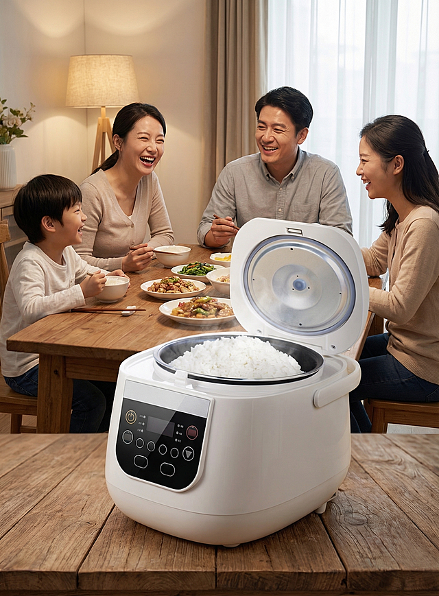 修改图片：在电饭煲设计添加更好看的功能控制面板和更美观的外观，背景替换成一家人开开心心围坐在一起吃饭的温馨场景，整体画面自然和谐