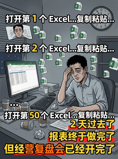 社交媒体信息图，灰蓝疲惫色调搭配红色压力点缀，场景化叙事构图。画面呈现疲惫的零售门店经理坐在办公桌前，周围漂浮10-15个Excel文件图标，电脑屏幕显示电子表格，时钟指向深夜。大字号加粗文字“打开第预览效果