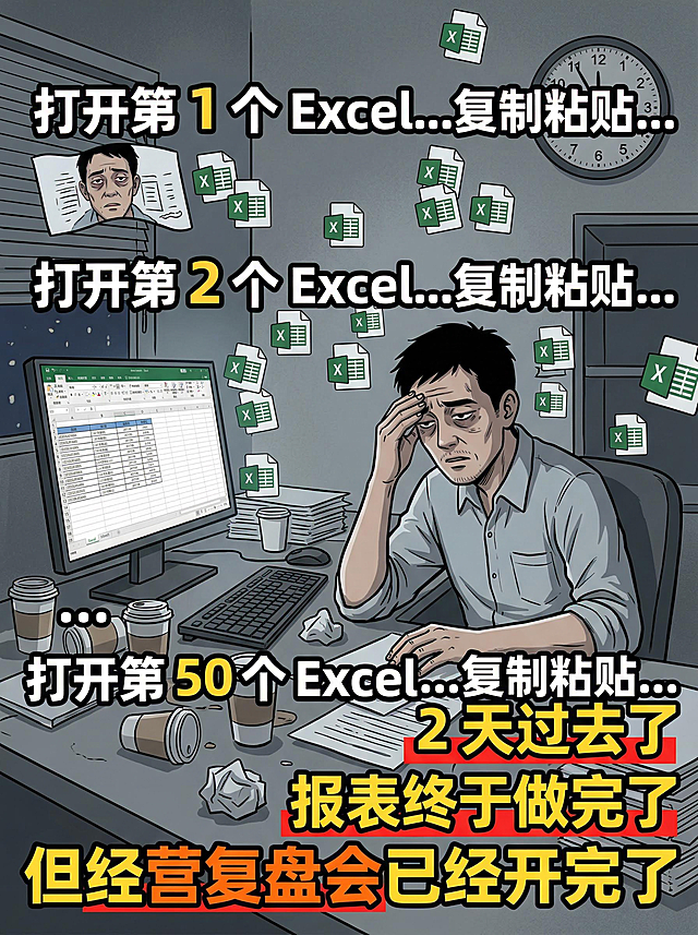 社交媒体信息图，灰蓝疲惫色调搭配红色压力点缀，场景化叙事构图。画面呈现疲惫的零售门店经理坐在办公桌前，周围漂浮10-15个Excel文件图标，电脑屏幕显示电子表格，时钟指向深夜。大字号加粗文字“打开第 1 个 Excel...复制粘贴...”“打开第 2 个 Excel...复制粘贴...”“...”“打开第 50 个 Excel...复制粘贴...”，红黄色高亮文字“2 天过去了”“报表终于做完了”“但经营复盘会已经开完了”，搭配疲惫表情插画、散落的咖啡杯、细微的黑眼圈，展现重复劳累的工作，引发共鸣，风格大胆有情感冲击力