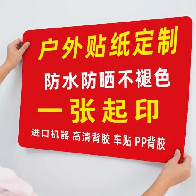 [主图 1] 户外贴纸定制服务首图，保持产品外观与原图片一致。[氛围/风格] 专业醒目电商主图风格，清晰质感，简约大气。[画面元素] 定制好的红色贴纸居中展示，两只手扶住贴纸对角，贴纸完整不被遮挡，背预览效果