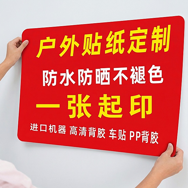 [主图 1] 户外贴纸定制服务首图，保持产品外观与原图片一致。[氛围/风格] 专业醒目电商主图风格，清晰质感，简约大气。[画面元素] 定制好的红色贴纸居中展示，两只手扶住贴纸对角，贴纸完整不被遮挡，背景简洁干净。[配色色系] 主色调红色，文字配色为黄色和白色，与原图片保持一致。[视角构图] 平视角居中构图，主体突出，背景干净无干扰。[文字版式] 主标题“户外贴纸定制”黄色大字，副标题“防水防晒不褪色”白色字，“一张起印”黄色大字，小字标注“进口机器 高清背胶 车贴 PP背胶”，保持原文字内容和排版层级，主标题最大，层级分明，清晰易读。[比例分辨率] 1:1 比例，2k 分辨率。保持产品外观和文字内容完全一致，优化画质更加清晰。