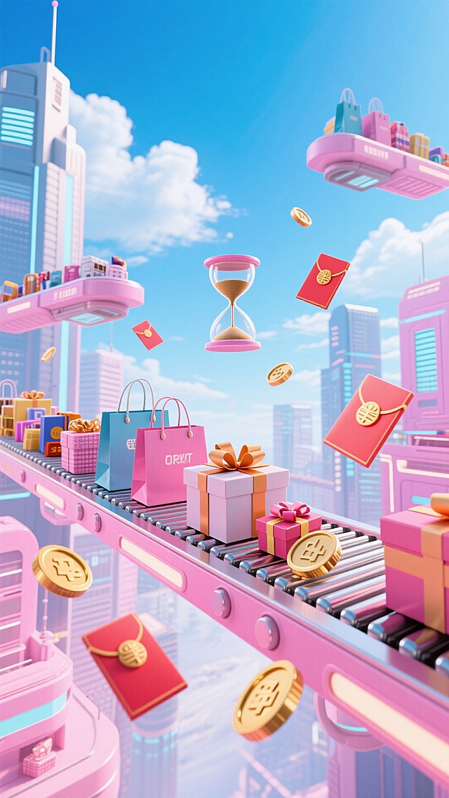 画面中心是悬空的传送带上的礼盒、购物袋和各类商品。城市背景，未来科技感的空中物流，点缀悬浮小沙漏、红包、金币，蓝天白云背景，粉色调