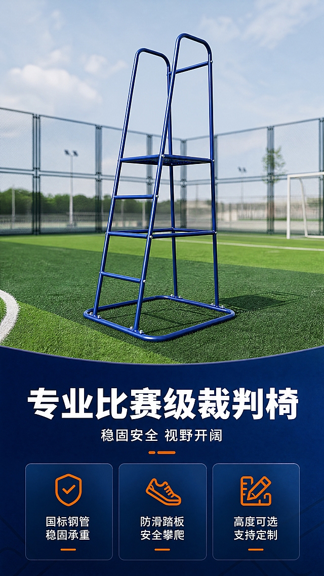 [商品] 使用【图2】站立式蓝色裁判椅；保留国标32mm圆管结构、蓝色涂装、梯式爬梯、方形底座、顶部扶手、整体高度比例和材质质感；修复画面中轻微瑕疵，增强钢管金属质感与漆面光泽，不改变产品结构和颜色。
[画面] 目标：专业比赛级裁判椅头图海报。构图：上下分栏，上半部分产品占画面60%居中矗立，下半部分信息区。主体角度：侧面45度仰视角，突出高大稳固感。景别：全景。前中后景：前景绿色运动场草坪、中景裁判椅、后景虚化的运动场围网与天空。阅读动线：从上到下，先看产品再看卖点。
[视觉] 套系策略：风格=运动场馆工业风商业摄影；标题字=粗黑体（思源黑体Heavy）；正文字=常规黑体（思源黑体Regular）；主色=深海蓝（产品蓝色延展）；背景延展=基于深海蓝做深浅层级渐变，搭配运动场绿色和浅灰天空，同色系深浅卡片；强调色=荧光橙，仅用于小面积图标、引线端点和标签；标题色=白色/深海蓝；正文色=深灰/白色；组件=圆角深蓝信息卡、白色细线引线、橙色图标点缀；光影=左前侧自然光，硬朗清晰，产品底部有真实接触阴影。
[文字] 顶部主标题"专业比赛级裁判椅"，副标题"稳固安全 视野开阔"，下方3个短卖点："国标钢管 稳固承重"、"防滑踏板 安全攀爬"、"高度可选 支持定制"。文字区位于画面下半部深蓝渐变信息卡内，不遮挡产品主体。所有文字横排。
[规格] 图片比例9:16竖版，4K，负向提示：避免变形、错字、文字过小、产品结构改变、颜色偏差、摇晃感、廉价感、模糊、极限词。