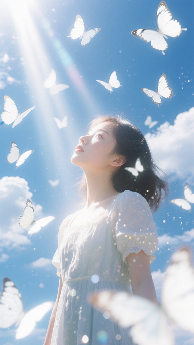 净透的天空白色的云，阳光明媚，好多只白色的蝴蝶，错落漂浮在空中，仰视视角，明媚的阳光，夏日清凉氛围，一个女生特写