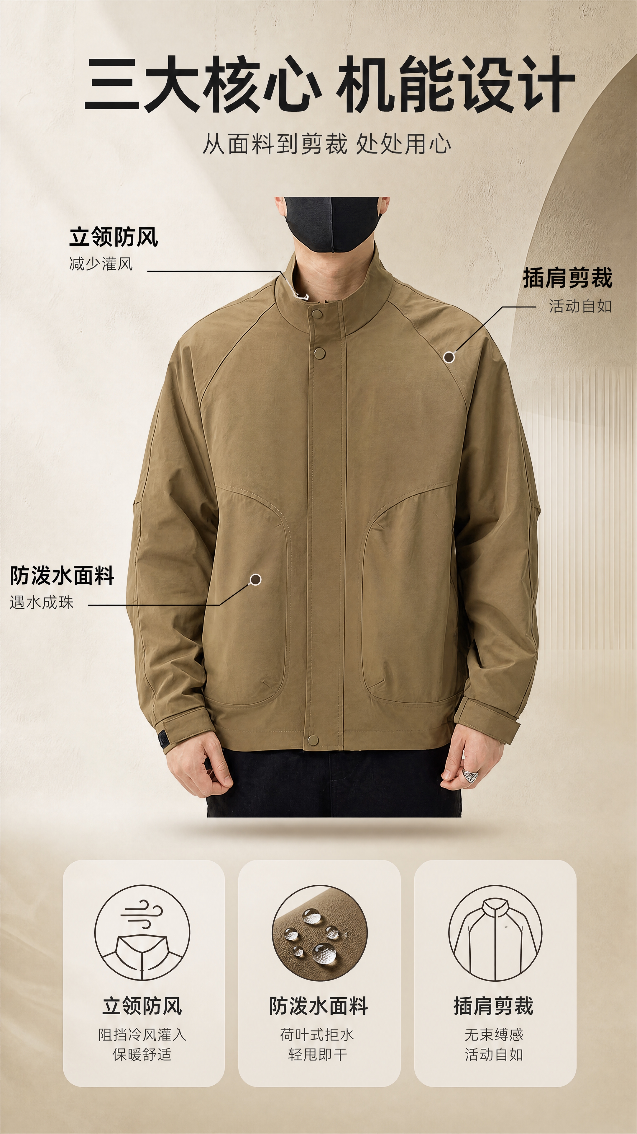 [商品] 使用【图1】卡其色立领男士机能夹克；商品处理：保留立… - 图片创意预览