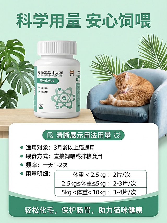 淘宝天猫商品详情页，宠物猫咪营养化毛片，保持商品图[https://gdesign-dam-hz.dancf.com/35906003118442513/be4ffbcb2bea4db1bc6b145ba46022bb.png]本身内容、文字和图案不变，风格和参考图一致，3:4比例，绿色清新自然风格，标题写“科学用量 安心饲喂”，清晰展示用法用量：适用对象为3月龄以上猫通用，直接饲喂或拌粮食用，一天1-2次，用量明细：- 体重＜2.5kg：2片/次 - 2.5kg≤体重≤5kg：2-3片/次 - 5kg＜体重＜10kg：3-4片/次，搭配温馨猫咪场景，底部添加“轻松化毛，保护肠胃，助力猫咪健康”，整体干净专业，适配电商平台展示