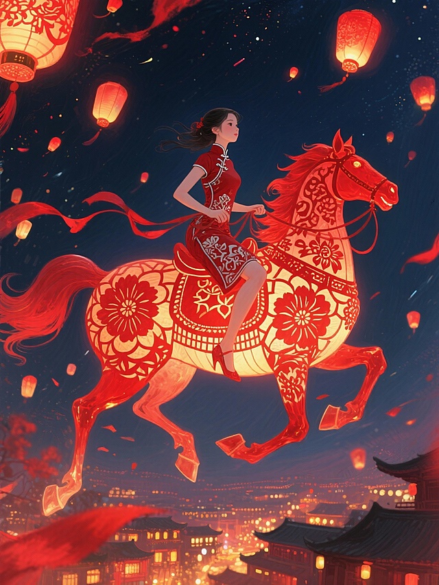 空中穿剪纸纹样旗袍的少女骑着马造型的巨型花灯从远处奔腾而来，花灯呈红色剪纸风格，周身漂浮剪纸窗花与红色飘带。背景是夜空下飞舞的剪纸灯笼与红色光效，底下是万家灯火，充满传统年味。