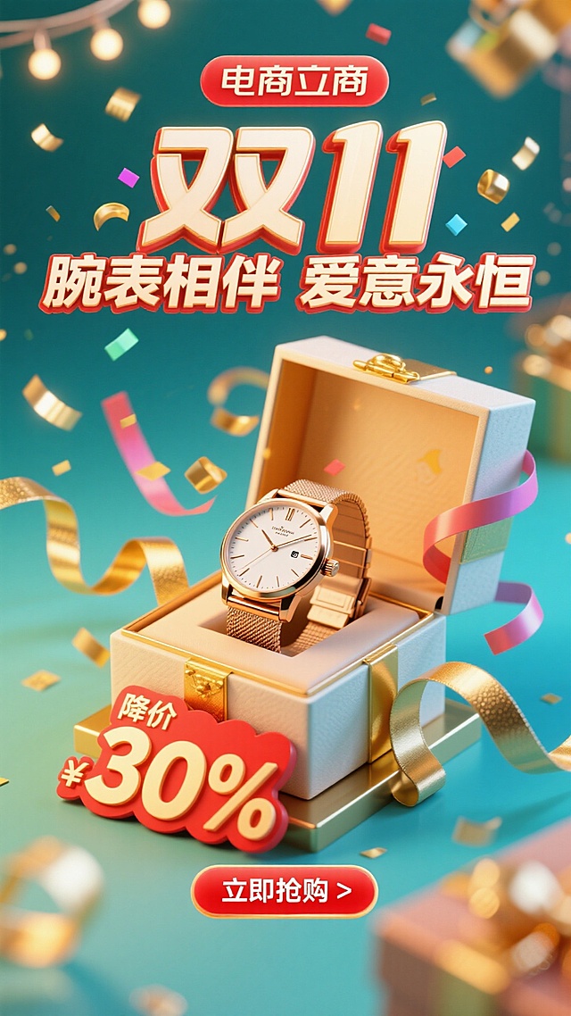 充满活力的双11销售海报构图。一枚优雅的手表放在打开的奢华礼盒中，周围是漂浮的彩带和金色丝带。电商风格，明亮欢快的灯光。“双11”Logo巨大且具有庆典感，位于顶部。主标题“腕表相伴 爱意永恒”采用粗体、喜庆的字体。一个大的、令人无法抗拒的红色“立即抢购”按钮，（带有折扣标签降价30%）在底部。商业化，以转化为导向的设计。
