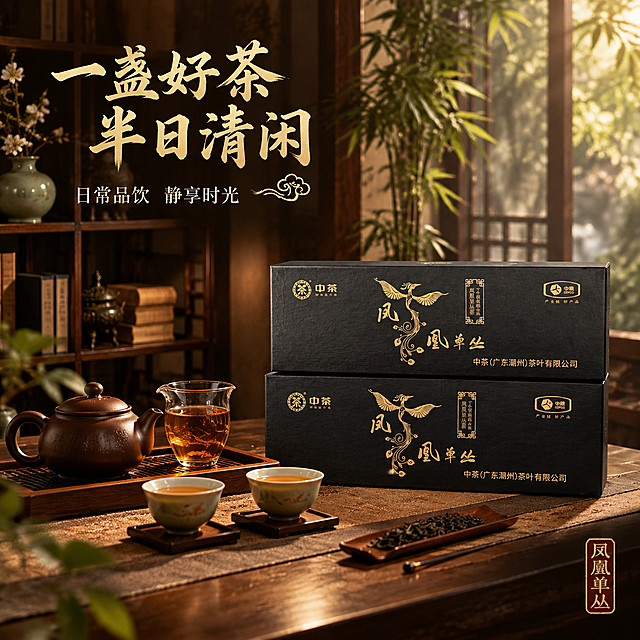 [主图-4] 抖音茶叶主图场景体验篇，中茶凤凰单丛，主打日常品饮沉浸式氛围感。更换背景为完整茶室场景，加上场景化营销文案。
[统一基调] 新中式东方美学风格，暗调高级质感，深棕墨黑暖调背景，烫金米金色标题字，米白色辅助文字，主标题粗笔书法体，辅助文细宋体，祥云纹装饰元素。
[画面] 沉浸式茶室场景，中茶凤凰单丛礼盒置于画面右侧古朴木质茶桌上，礼盒外观与原图一致。茶桌上布置完整茶席：紫砂壶、公道杯、两个品茗杯、茶荷、茶针等茶具整齐摆放，杯中盛有金黄茶汤。左侧背景为中式博古架，上面摆放着青瓷花瓶、古籍书卷，窗外竹影婆娑。整体营造一人独饮或好友对坐的静谧品茗氛围，暖黄灯光从上方洒下，光影柔和温暖。产品礼盒占画面约35%，场景氛围饱满。
[光影质感] 暖调室内灯光质感，主光从上方偏左照下，茶具和礼盒表面有柔和反光，茶汤透亮有光泽，背景有自然虚化，景深效果明显，整体温暖静谧有沉浸式氛围感。
[配色] 深棕暖木色为主色调，烫金色标题，米白辅助文字，整体暖调低饱和度，温馨高级。
[文字版式] 画面左上角主标题大字"一盏好茶 半日清闲"，烫金色粗书法体，分两行。下方小字"日常品饮 静享时光"米白色细宋体。右下角有"凤凰单丛"小印章样式。文字放在角落负空间，不破坏场景沉浸感。
[输出要求] 1:1正方形800*800，文字清晰可读，产品清晰不变形，场景真实有氛围感，无错字，无水印，无平台logo。禁止变形、模糊、杂乱、穿模、悬浮。