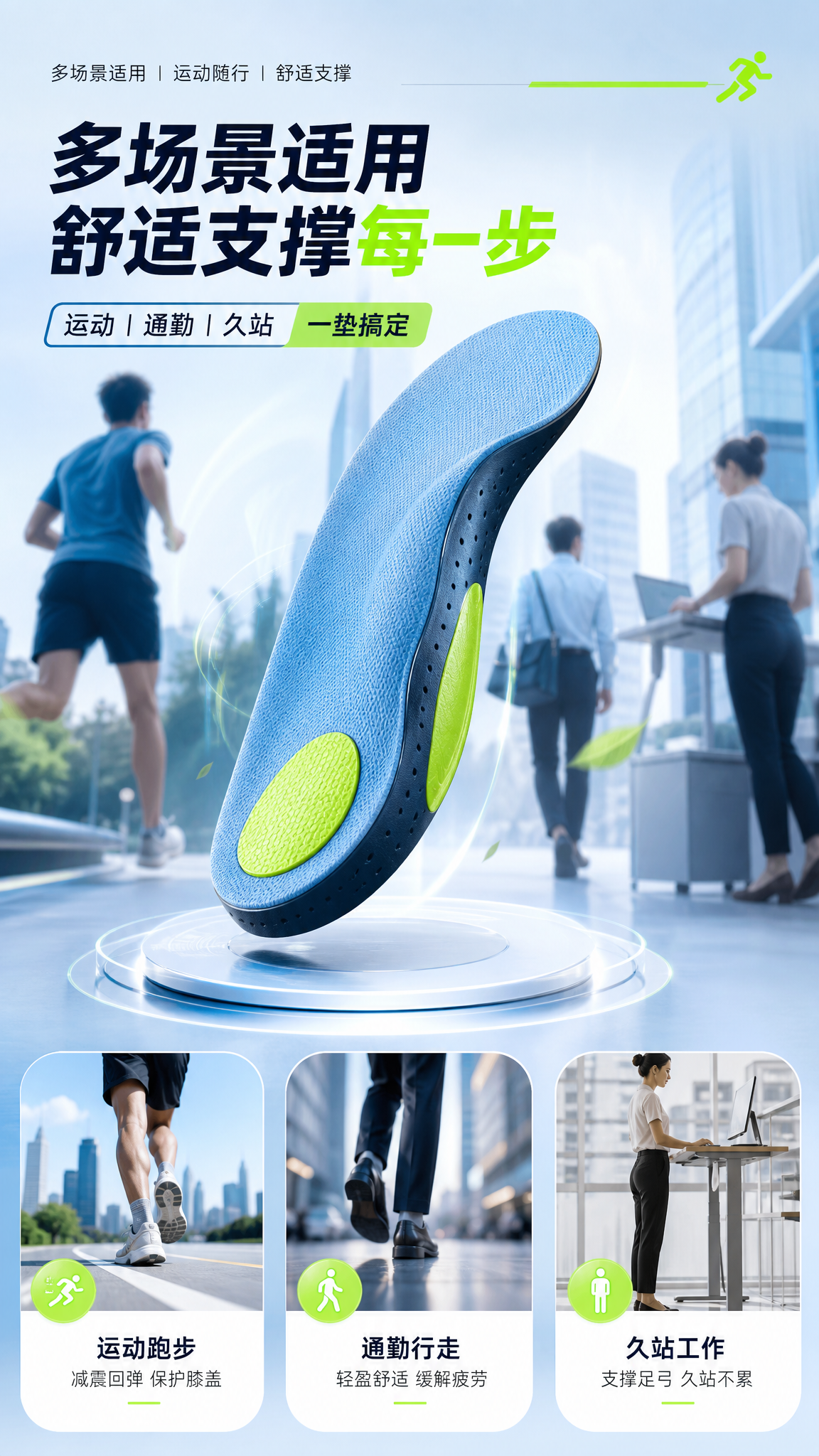 清新科技运动风电商详情页场景体验页，9:16竖版。运动鞋垫主体… - 图片创意预览