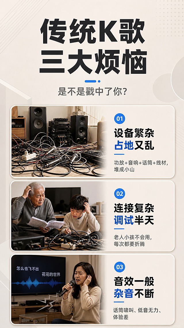 [商品] 本页为痛点页，不使用产品实物图。
[画面] 目标：痛点直击，引发用户共鸣。竖版9:16构图，上半部分大标题，下半部分用3组真实困扰场景插画/配图呈现痛点：1）传统K歌设备多、布线乱、占地方；2）连接复杂、调试麻烦、老人小孩不会用；3）音效差、话筒有杂音、体验不好。每组配简短痛点描述。
[视觉] 套系策略：风格=现代简约科技家居风；标题字=粗黑无衬线简体中文字；正文字=简洁无衬线简体中文字；主色=深木色+暖米灰；背景延展=暖米灰渐变背景，配浅灰色几何装饰；强调色=科技蓝；标题色=深炭灰；正文色=中暖灰；组件=圆角信息卡、细线分隔；光影=柔和均匀布光。
[文字] 顶部主标题"传统K歌 三大烦恼"，副标题"是不是戳中了你？"，下方三个痛点卡片：1）"设备繁杂 占地又乱"配说明"功放+音响+话筒+线材，堆成小山"；2）"连接复杂 调试半天"配说明"老人小孩不会用，每次都要折腾"；3）"音效一般 杂音不断"配说明"话筒啸叫、低音无力、体验差"。文字横排，层级清晰。
[规格] 图片比例9:16竖版，4K，负向提示：避免错字、文字过小、竖排文字、产品图出现、低俗画面。