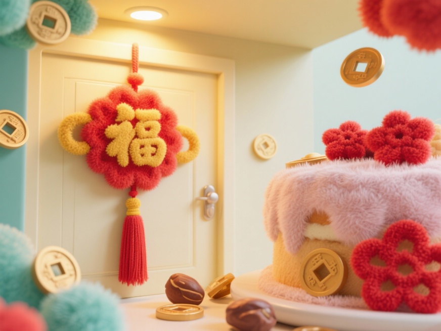 毛毡中国结（流苏缀毛绒福字吊坠），悬挂于奶油风玄关墙面，顶光暖黄光晕洒落形成柔和阴影，旁置豆沙松糕甜品（表面铺一层蓬松椰绒，点缀红丝绒剪花），周围散落毛绒铜钱装饰预览效果