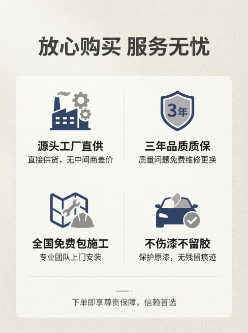 [服务保障收尾图] 淘宝详情收尾页，简洁商务浅色背景，居中展示四大服务保障："源头工厂直供"、"三年品质质保"、"全国免费包施工"、"不伤漆不留胶"。大标题 "放心购买 服务无忧" 在顶部居中。四个保预览效果