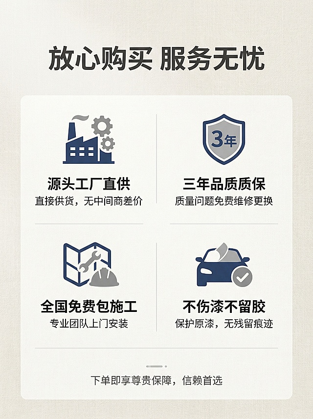 [服务保障收尾图] 淘宝详情收尾页，简洁商务浅色背景，居中展示四大服务保障："源头工厂直供"、"三年品质质保"、"全国免费包施工"、"不伤漆不留胶"。大标题 "放心购买 服务无忧" 在顶部居中。四个保障整齐排列，每个配有简单图标，整体简洁大方，增强信任感，促进下单转化。