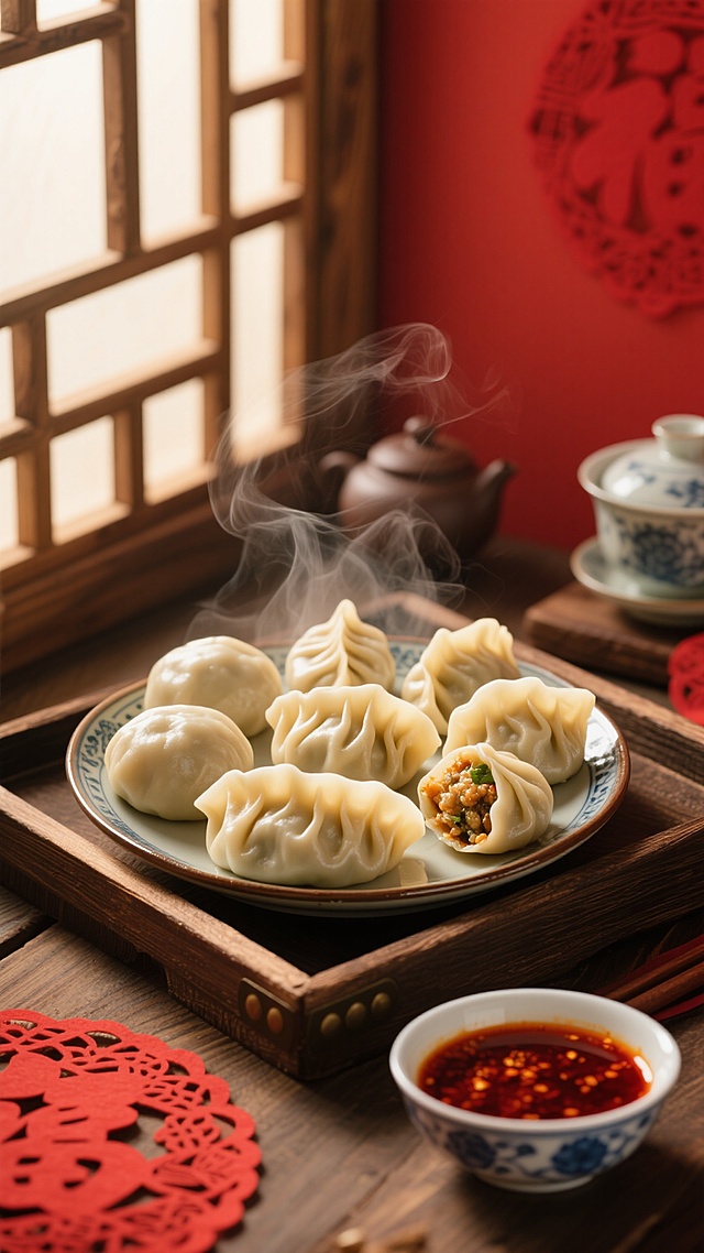 写实风格美食摄影，暖色调光线从木质窗格斜射，营造温馨传统氛围，画面中心是不同形态的饺子，有的饱满圆润、有的褶皱精致、有的微微开口露出馅料，热气袅袅升腾，搭配古朴陶瓷盘、木托盘、青花瓷小碗盛着的红油蘸料，背景为红色墙面，点缀传统茶具和红色剪纸，整体构图采用三分法，光影层次分明，突出饺子的细腻质感和温暖家常气息。