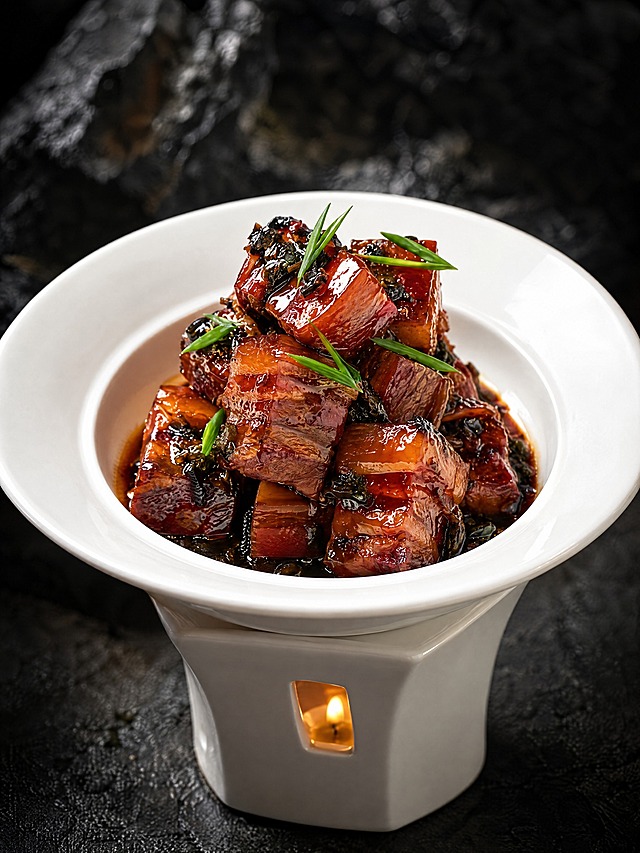 基于参考图中的红烧肉菜品，生成30度俯拍特写角度的美食摄影图，聚焦红烧肉肉质和酱汁细节，保持色泽红亮油润、方块整齐，梅干菜点缀，顶部撒葱叶装饰，白色宽边瓷碗装盛，暗调专业美食摄影，高清细节，诱人食欲