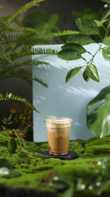 去掉图中右下方的两朵玫瑰，去掉左上角的眩光，在黑色石板上添加一杯咖啡，咖啡杯是塑料材质，保留原图片的自然绿植场景、黑色石板和苔藓草地，整体风格自然清新，光影柔和预览效果