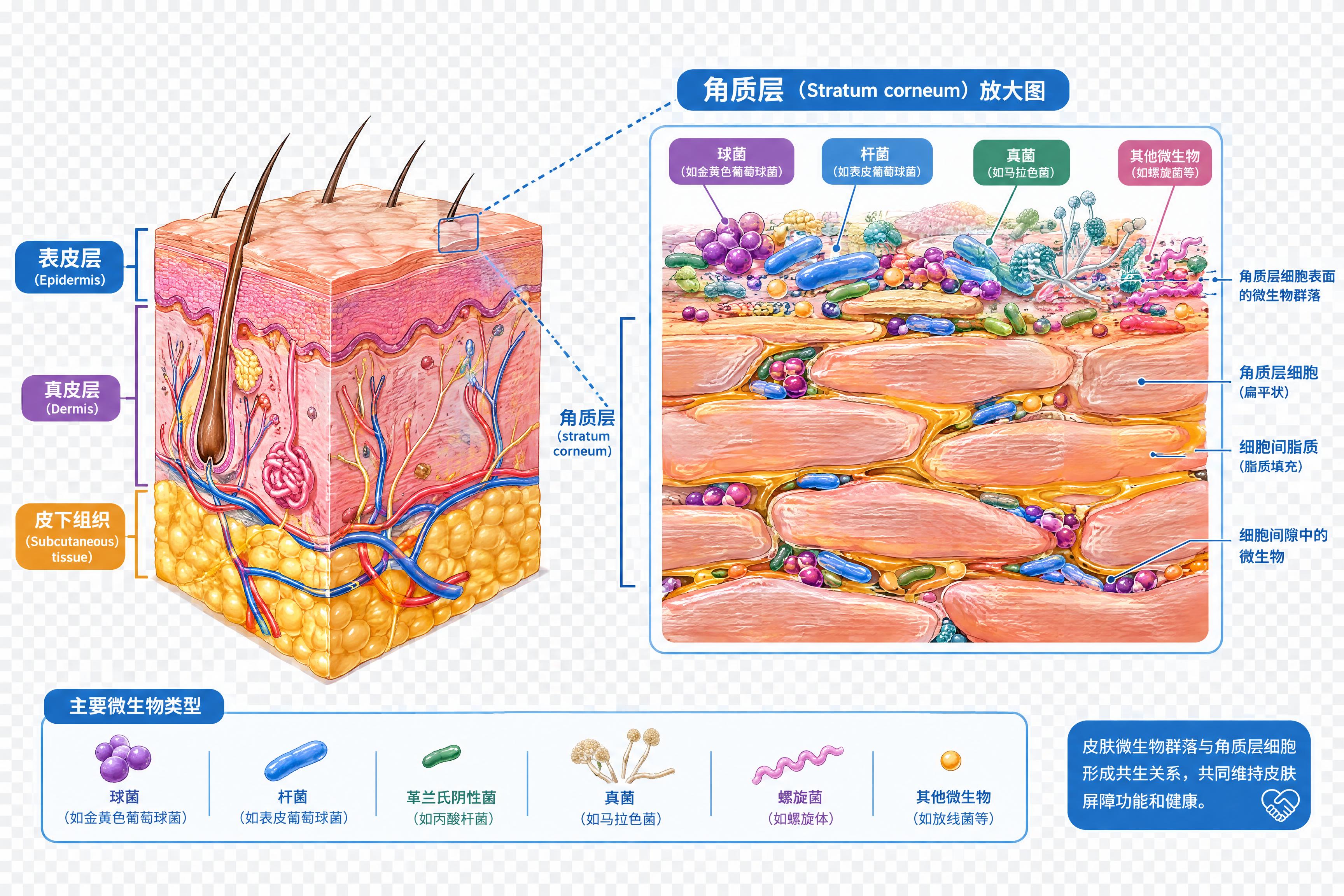 人体皮肤横截面解剖结构图，科学插画风格，清晰展示表皮层、真皮层… - 图片创意预览