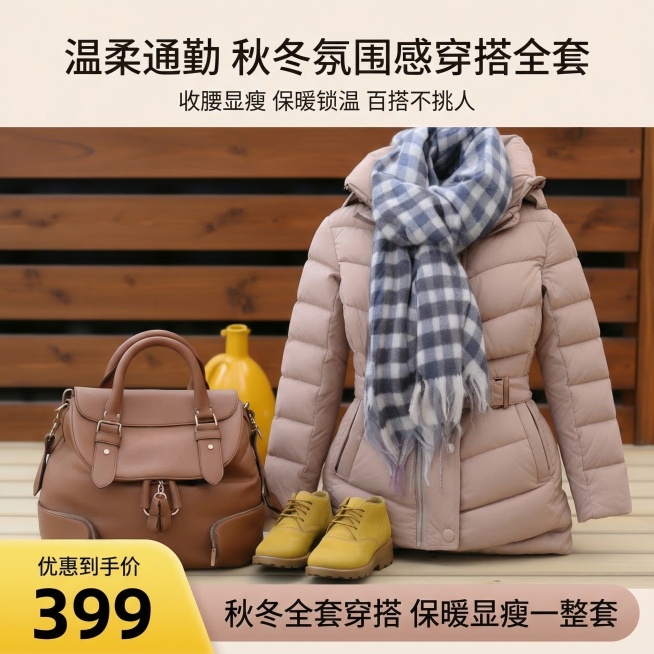 1:1正方形电商主图，韩系高级温柔通勤风，8K超高清写实摄影，杂志级精致排版，严格还原上传产品图的所有细节：浅豆沙裸粉色收腰羽绒服、蓝白格纹流苏围巾、焦糖棕色皮质手提包、明黄色系带短靴，保持产品颜色、预览效果