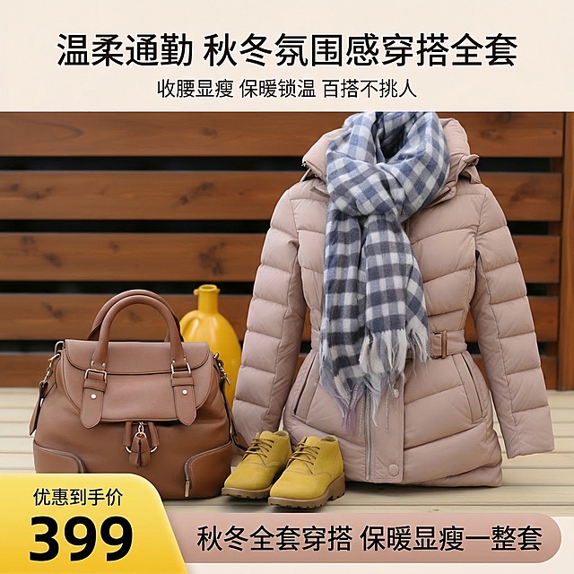 1:1正方形电商主图，韩系高级温柔通勤风，8K超高清写实摄影，杂志级精致排版，严格还原上传产品图的所有细节：浅豆沙裸粉色收腰羽绒服、蓝白格纹流苏围巾、焦糖棕色皮质手提包、明黄色系带短靴，保持产品颜色、款式、材质纹理不变。全套秋冬穿搭组合居中黄金比例陈列，暖调木质背景，柔和自然光打光，凸显产品细腻质感，画面干净通透无杂乱元素。画面底部设置贯穿全幅的营销活动通栏，左侧为明黄色强调色渐变圆角梯形，上方缩小字号标注"优惠到手价"，下方大号加粗字体标注"399"；右侧为裸粉色主色渐变圆角矩形，标注"秋冬全套穿搭 保暖显瘦一整套"。画面顶部居中设置主标题"温柔通勤 秋冬氛围感穿搭全套"，主标题下方设置副标题"收腰显瘦 保暖锁温 百搭不挑人"，全图文字统一使用简约无衬线中文字体，配色与整体画面协调，排版精致不遮挡产品主体，整体画面高级有质感。负面提示词：画面杂乱，产品变形，颜色偏差，细节丢失，字体模糊，光影混乱，背景杂乱，水印，logo，二维码，人物遮挡，产品比例失调，营销通栏缺失，像素模糊，噪点过多，画面割裂