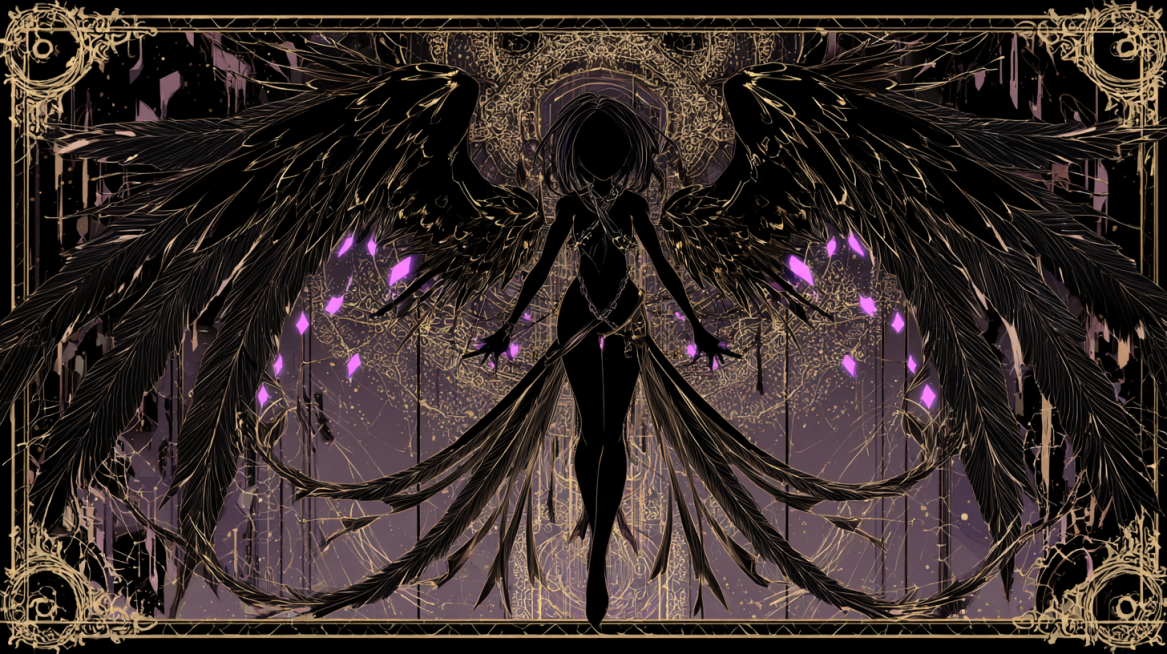 Devil Homura silhouette, black body, black face, no facial features, massive black feathered wings o预览效果