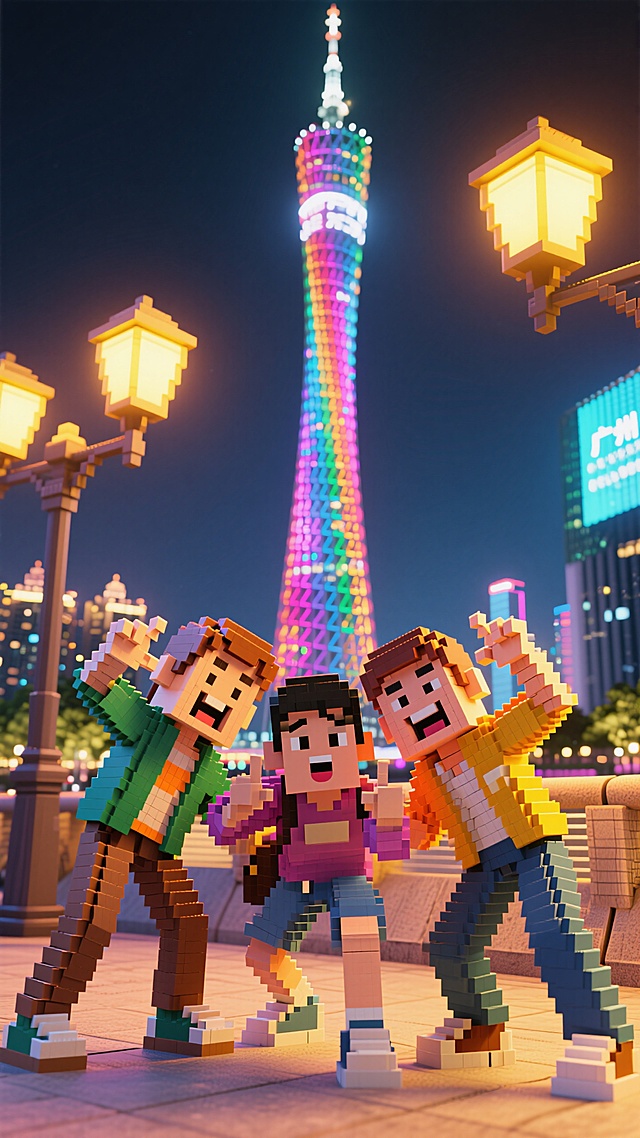 像素风3D角色在广州塔夜景中欢庆，卡通感十足，背景塔楼霓虹闪烁，节日氛围浓厚。