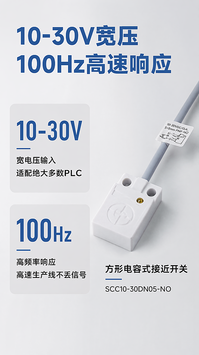 [主图-4] 电气参数展示：宽压高速适配性
[氛围风格] 参数清晰专业展示风
[画质] 商业摄影质感，光线柔和通透，产品清晰真实，画面干净高级
[元素] 右侧展示方形电容式接近开关主体，保持产品外观与输入产品图绝对一致；左侧分块展示核心电气参数。保持产品外观（物理结构、材质质感、颜色）与输入产品图绝对一致，杜绝任何变形和色差，精细化处理。左右分栏构图，整体满版排布
[光影] 均匀工业打光，参数文字清晰不发灰，产品边缘锐化清晰
[配色] 浅工业灰背景，深蓝标题，黑色参数文字，数字标注用蓝色突出对比
[视角构图] 左侧参数+右侧产品，左右平衡构图
[文字版式] 顶部通栏大字「10-30V宽压 100Hz高速响应」，蓝色粗体；左侧参数块：大数字标注「10-30V」，下方小字「宽电压输入 适配绝大多数PLC」；再下方大数字标注「100Hz」，下方小字「高频率响应 高速生产线不丢信号」；右侧产品下方标注产品名称，文字层级分明，大数字突出参数，易读性强
[比例分辨率] 9:16比例，4K分辨率，文字清晰锐利，超高清
[负向提示词] 变形，水印，文字错乱，产品图模糊，背景杂乱