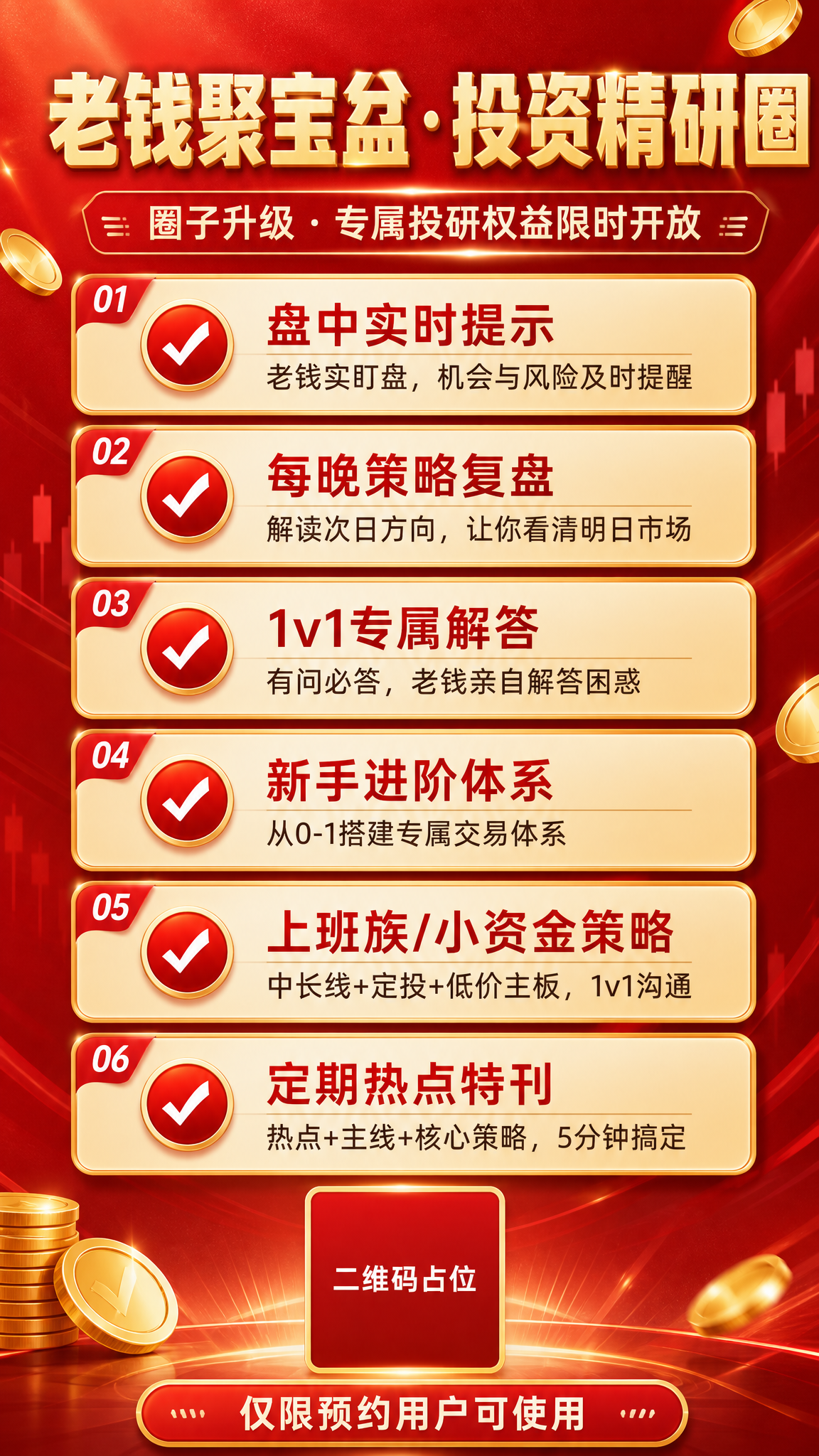 参考两张图的版式骨架与红金配色氛围，制作一张投资社群招募营销海… - 图片创意预览