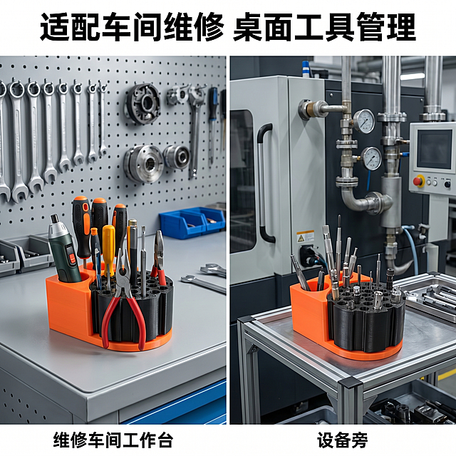 [主图-4] 展示产品适用多场景使用，突出多用性。氛围风格：真实工业场景，展示实际使用效果。画质：商业场景摄影，清晰自然。元素：将橙黑拼色旋转收纳座分别展示放在维修车间工作台、设备旁两个场景，做成左右宫格构图，每个场景产品外观保持与原图一致，左侧展示放在维修台搭配电动工具，右侧展示放在设备旁，背景保持整洁，产品突出。光影：每个场景光线均匀自然，适配场景氛围。配色：保留产品原橙黑配色，场景工业灰色调。文字版式：顶部通栏大字“适配车间维修 桌面工具管理”黑色加粗，每个场景下方标注对应场景名称小字。比例分辨率：1:1比例，2K分辨率，超高清。负向提示词：变形，水印，文字错乱，场景杂乱，产品不一致