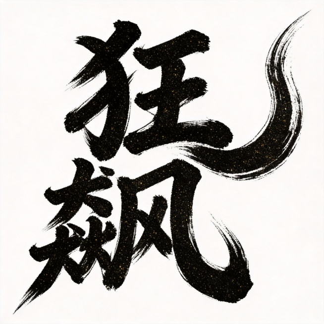 干净的纯白色背景。平面艺术字体设计，两个字"狂飙"，手写狂草书法字体，粗毛笔蘸浓墨挥毫书写，笔画极粗重，粗细对比强烈，末端锐利舒展带自然飞白枯笔，大弧度曲线结构，字间紧密穿插融合，整体姿态狂野有力，黑预览效果