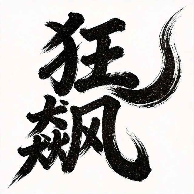 干净的纯白色背景。平面艺术字体设计，两个字"狂飙"，手写狂草书法字体，粗毛笔蘸浓墨挥毫书写，笔画极粗重，粗细对比强烈，末端锐利舒展带自然飞白枯笔，大弧度曲线结构，字间紧密穿插融合，整体姿态狂野有力，黑色字体带金闪细闪质感。画面中只能出现这2个字："狂"、"飙"，不得出现参考图中的原文字，不得增加、遗漏或替换任何一个字。文字整体必须完整呈现在画面内不可被裁切，四周留有安全边距。比例 1:1