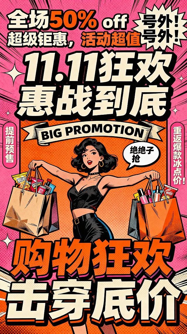 海报设计：采用潮流复古漫画风格，以高饱和粉、橙、黑为主色调打造强烈视觉冲击，画面布局丰富且有层次：上方用中等大小字体设置 “全场 50% off”“超级钜惠，活动超值” 等促销文字，搭配稍大字体的 “号外！号外！” 吸睛标语；中间用大号艺术字突出 “11.11 狂欢”“惠战到底”，营造热烈围绕双11大促主题，进行主视觉或组素材的视觉创作.
