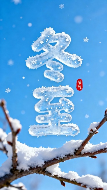 画面中央是冰霜圆润可爱字体形成“冬至” 二字，字体上可以有小小的雪花元素点缀。背景是蓝天，画面中有白雪冬日的树枝。立冬字旁红色小印章”节气“点缀，整体画面色彩明亮预览效果