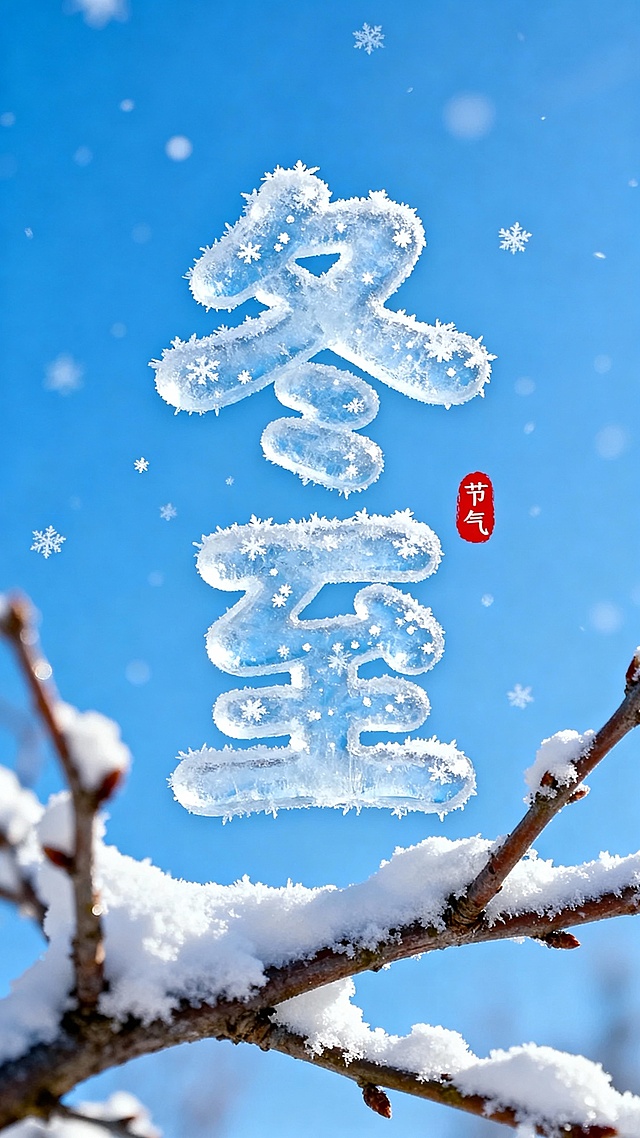 画面中央是冰霜圆润可爱字体形成“冬至” 二字，字体上可以有小小的雪花元素点缀。背景是蓝天，画面中有白雪冬日的树枝。立冬字旁红色小印章”节气“点缀，整体画面色彩明亮