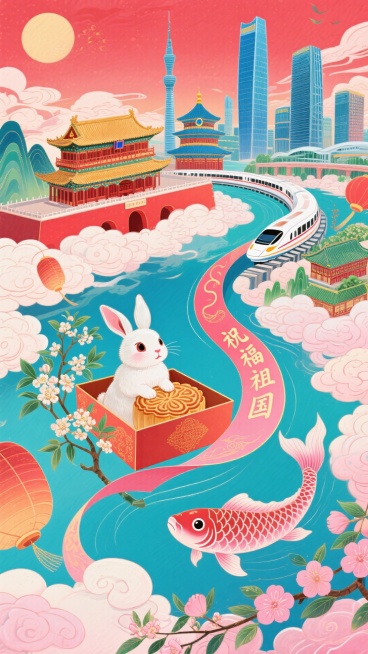 生成两张，创意： 一只的玉兔，坐在月饼礼盒中探出头观望，在空中遨游，畅游在由北京古典建筑与现代地标组成的奇幻城市中，体现古往今来的欢乐氛围。构图： 采用S形曲线构图，活泼灵动，有叙事性延展。场景： 画预览效果