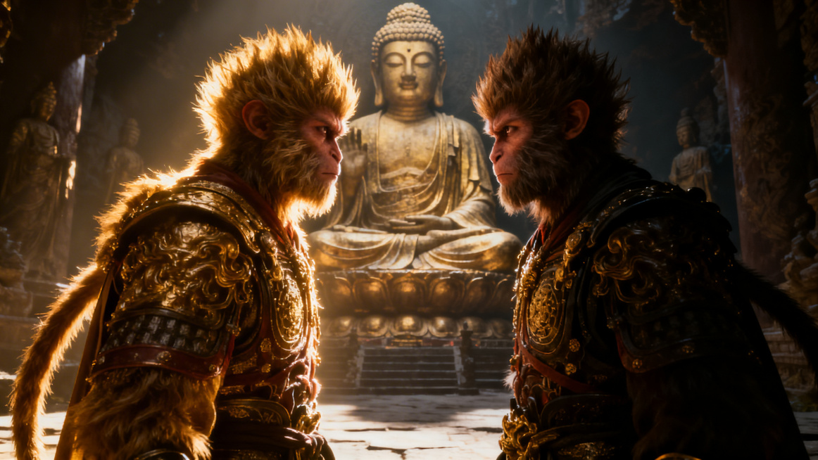 两个一模一样的孙悟空站在佛祖面前，一个沐浴在金光之中，一个身处阴影之中，两人面对面，脸上同时混合着反抗与认同的表情，史诗电影风格，戏剧性的光影，细节丰富预览效果