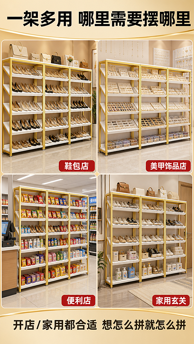 [商品] 使用【图1】轻奢金白多层展示货架；保留金色框架、白色层板、5层倾斜面+底层结构；去除水印和文字标签。
[画面] 目标：多场景拼图页，展示一柜多用。2×2四宫格拼图，每格一个真实场景，每格都有同款货架但陈列不同：① 鞋店场景：层板摆满女鞋，倾斜展示鞋头朝前；② 饰品店场景：层板摆满耳环项链饰品架和拼豆盒；③ 便利店收银台旁：货架摆零食和小百货；④ 家用玄关：摆鞋子、包包、日用品。每格右下角有小标签注明场景。
[视觉] 套系策略：风格=拼多多接地气轻奢商业风；标题字=粗黑黑体大字报；正文字=清晰无衬线黑体；主色=暖金+奶白；背景延展=暖金和奶白深浅层级、各场景独立真实背景；强调色=正红色，仅用于场景标签底；标题色=深黑金；正文色=深灰；组件=圆角场景标签、白色分割线；光影=各场景独立暖光，统一明亮调性。
[文字] 顶部通栏大标题："一架多用 哪里需要摆哪里"；四格分别标注："鞋包店"、"美甲饰品店"、"便利店"、"家用玄关"；底部副标题："开店/家用都合适 想怎么拼就怎么拼"。文字全部横排。
[规格] 图片比例9:16竖版，4K，避免变形、错字、文字过小、冷蓝灰背景、货架结构改变、各格风格不统一。