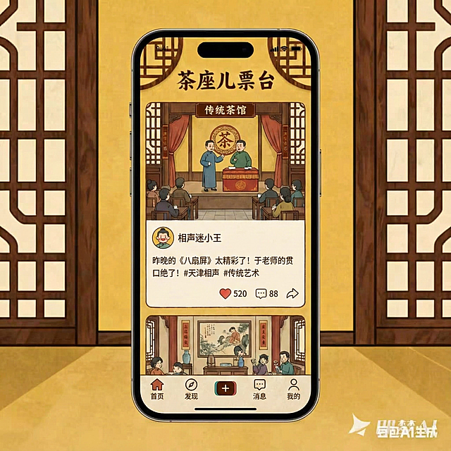 根据这张图片的风格，生成4张ui设计图片，图片内容为天津相声社区，社区的内容可以模仿小红书以及抖音等平台的方式，有很多听说相声的人发表相声意见，内容以及人物要偏向于手绘一点