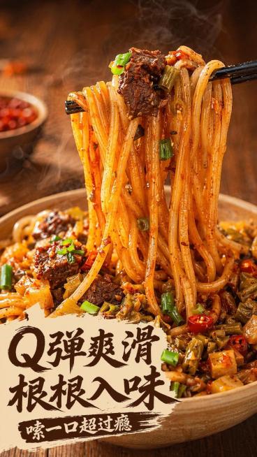 [第3屏] 质地特写屏，筷挑拌粉展示Q弹质感，本屏使用【图1】作为成品参考，提取拌粉形态进行生成。
[氛围/风格] 热食食欲氛围，蒸汽朦胧感，浓郁红橙暖调，真实美食摄影质感。
[元素布局] 筷子挑起一预览效果