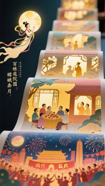 一幅横向展开的纸雕立体长卷。从左至右，画面从“嫦娥奔月”的神话场景开始，过渡到“百姓庭院中秋团圆”的中景，最后延伸到“现代都市欢庆国庆、烟花盛放”的远景。不同时空的人物与景物，通过纸雕的镂空窗口相互窥预览效果