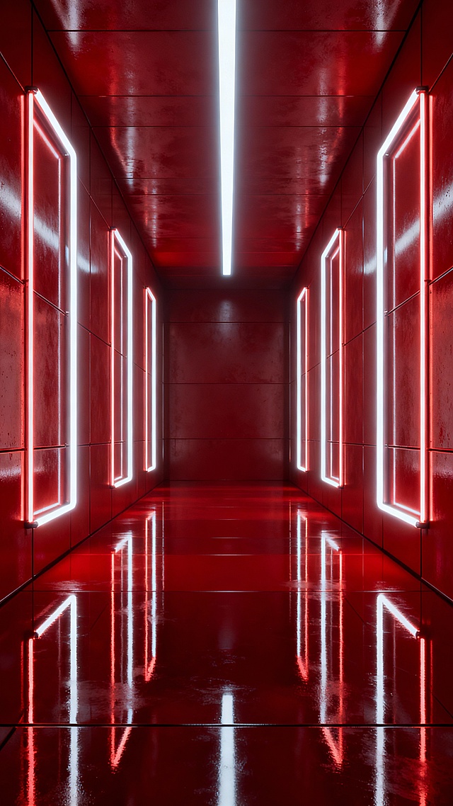 一个深邃的红色未来主义走廊，墙面和地面由光滑的红色金属板材构成，呈现出强烈的反光效果。走廊两侧有垂直排列的矩形发光灯带框架，内部嵌入明亮的白色霓虹灯管，发出均匀柔和的光线。天花板中央有一条贯穿整个走廊的白色霓虹灯带，与两侧的灯带形成呼应，共同照亮整个空间。地面光洁如镜，完美反射出上方的灯光和墙面结构，营造出无限延伸的视觉效果。整体风格充满科技感和未来感，氛围神秘而又带有一丝冷峻的赛博朋克情调，光线对比强烈，色彩以深红色为主调，白色霓虹光为点缀，形成鲜明的视觉冲击。