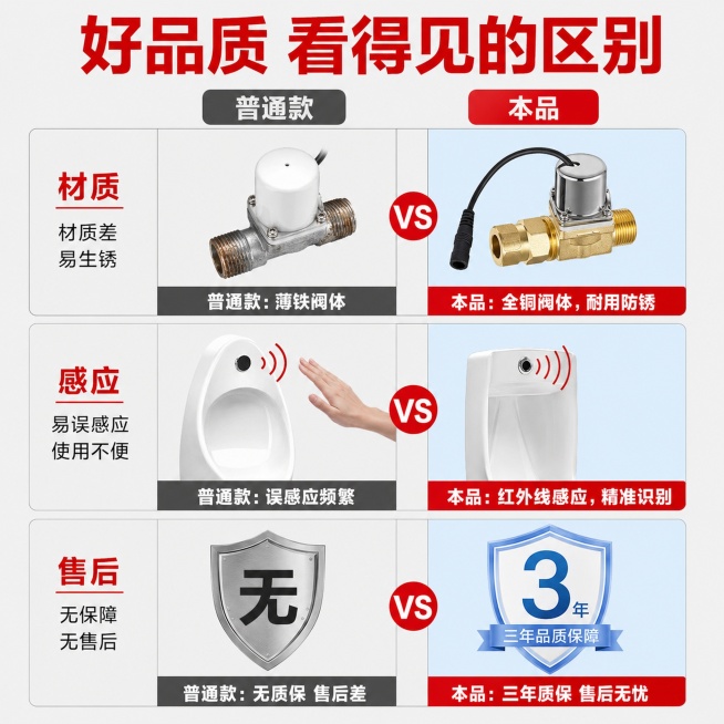 [主图-6] 功能卖点对比，本品vs普通款。
[氛围风格] 直白对比 优势突出；
[画质] 清晰干净 对比明确。
[元素] 整体2列3行网格排版，左列为普通款，右列为本品，每行一个对比维度。维度分别为预览效果