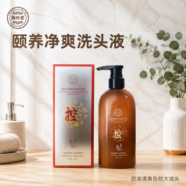 「图片1」，生成电商主图（5张），商品名称是颐丝恋颐养净爽洗头液，卖点是控油清爽，丝滑柔顺，清爽飘逸，告别大油头，风格是清新风格，适配抖音平台，主图比例为1:1预览效果