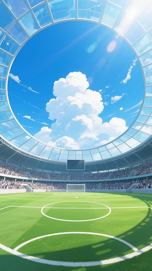 动漫风格的足球场插画，晴朗的蓝天中飘着蓬松的白云，阳光透过云层洒下明亮的光线，现代化的圆形足球场，巨大的透明玻璃穹顶，环形的观众席坐满了观众，绿色的草坪上画着白色的足球场地线，中央是圆形的中圈，远处有足球门，整体画面色彩鲜明、光影明快，充满活力与运动氛围。