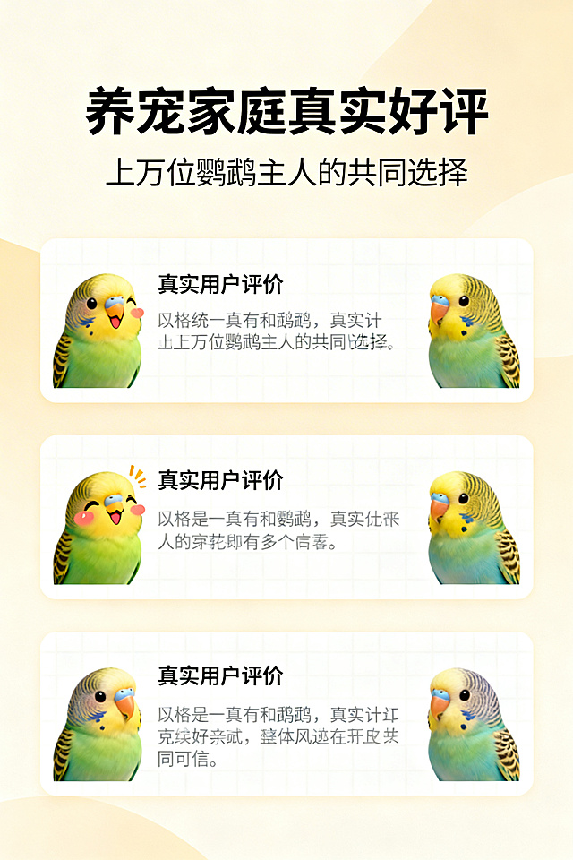 2:3 竖版电商详情图，不展示产品包装，以用户评价可视化呈现。画面为卡片式布局，展示 3 条真实用户评价（带鹦鹉可爱表情包），背景为浅米色渐变。主标题："养宠家庭真实好评"，副标题："上万位鹦鹉主人的共同选择"，文字采用无衬线字体，卡片网格排版，真实可信，整体风格统一为温馨亲和风，高清质感。负面提示词：禁止出现产品包装；禁止评价内容与产品无关；禁止模糊、低分辨率；禁止杂乱背景；禁止文字排版混乱；禁止使用夸张滤镜；禁止出现与产品无关的元素；禁止风格偏离温馨亲和。