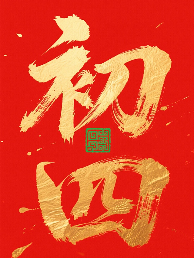 主体是巨型金色书法 “初四”，笔触苍劲有飞白质感，字间嵌入绿色传统回纹印章图案。红色背景。
