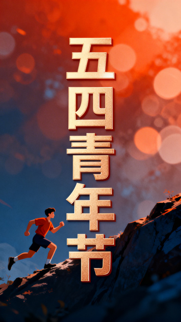 五四青年节竖版海报，视觉中心为位于画面黄金分割点的"五四青年节"五个大字，采用现代精致微质感无衬线字体；背景是朦胧光影效果的青年奔跑、攀登场景，象征奋斗与传承；使用青春活力的橙红色与深蓝色对比配色，兼预览效果