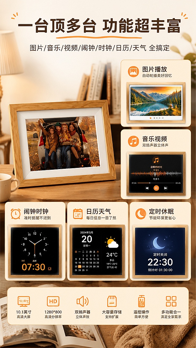 [第5屏] 详情页多功能实测-图片/音乐/视频/闹钟/时钟/日历/天气多场景演示。本屏使用【图1】原木色款作为产品主体。
[氛围/风格] 温馨家居生活风，暖色调，多场景拼图，京东数码功能展示风格，商业摄影质感。
[元素布局] 原木色边框数码相框置于画面中央偏左，占比约40%，屏幕显示家庭照片；右侧和下方分布5个功能场景小窗口：音乐播放界面（音符图标+波形）、视频播放界面（播放按钮）、闹钟时钟界面（时钟图标）、日历天气界面（日历+天气图标）、定时休眠界面（月亮图标）；背景为温馨卧室/书房场景，木质书桌、台灯、书籍点缀；产品外观与输入图一致。
[光影质感] 暖黄色主光从左上方照射，屏幕自发光补充，整体温馨明亮，阴影柔和自然。
[配色色系] 全局底色 #FFF8F0；主色原木色+暖白；辅助色暖橙 #FF9F43、浅木色、米白。
[视角构图] 左主产品 + 右功能矩阵的左右构图，阅读动线从左产品到右功能说明，顶部大标题引导。
[文字版式] 版式为顶部大标题 + 左侧主产品 + 右侧功能图标矩阵。主标题「一台顶多台 功能超丰富」，副标题「图片/音乐/视频/闹钟/时钟/日历/天气 全搞定」；右侧5个功能卡片：1.「图片播放 自动轮播美好回忆」2.「音乐视频 双扬声器立体声」3.「闹钟时钟 准时提醒不迟到」4.「日历天气 每日信息一目了然」5.「定时休眠 节能环保更省心」；每个功能配对应图标和原木色边框小图；文字清晰可读。
[比例分辨率] 9:16 竖版比例，4K分辨率，文字清晰可辨，高清画质。
[负向提示词] 产品变形，颜色偏差，水印，文字错乱，文字过小，场景杂乱，缺件错件。